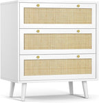 Anmytek White Dresser for Bedroom with 3 Drawers, Modern Wood 3 Drawer Dresser, White Chest of Drawer with Spacious Storage Rattan Dresser for Bedroom H0072