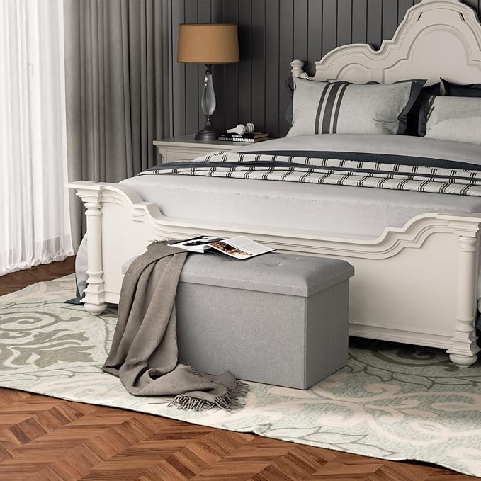 MoNiBloom 30 Inch Storage Ottoman Bench, Rectangle End of Bed Bench, Storage Padded Seat, Linen Fabric Ottoman Footrest for Living Room, Bedroom, Entryway, Light Gray