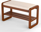 Solid Wood Shoe Rack, 2 Tier Shoe Storage Bench with Cushion Seat, 8 Pair Shoe Organizer for Entryway, Cherrywood, 32 Inch