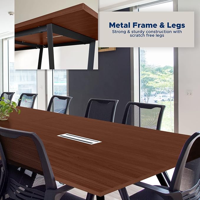 Sturdy Conference Table with Cable Management Grommets Modern Rectangle Office Meeting Table with Wood Tabletop and Metal Frame & Legs- Easy Assembly Boardroom Table (Mahogany, 10 Foot)