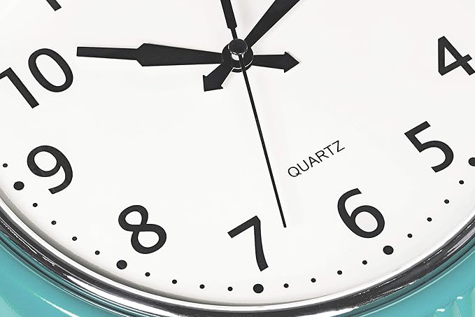 Bernhard Products Retro Wall Clock 12 Inch Blue Kitchen 50's Vintage Design Round Silent Non Ticking Battery Operated Quality Quartz Clock (Robin Egg Blue)