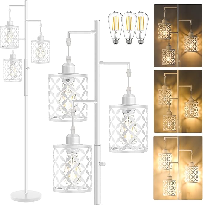 【Upgraded】72" Tall Dimmable Floor Lamp, Modern Standing Lamp with Elegant Metal Cages, Industrial Tree Floor Lamps for Living Room, Bedroom, Study Room, Office (3 x 800LM LED Bulbs Included) - White