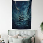 Ambesonne Landscape Tapestry Twin Size, Stormy and Rainy Weather Waves Vintage Ship Sailing Oil Paint, Wall Hanging Bedspread Bed Cover Wall Decor, 68" X 88", Dark Cadet Blue White