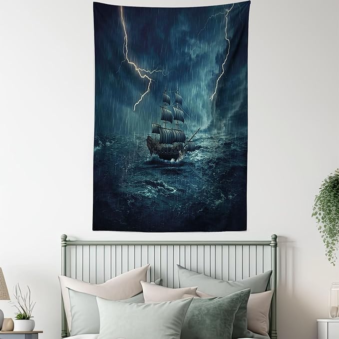 Ambesonne Landscape Tapestry, Stormy and Rainy Weather Waves Vintage Ship Sailing Oil Paint, Fabric Wall Hanging Decor for Bedroom Living Room Dorm, 23" X 28", Dark Cadet Blue White