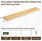 72 inch Floating Shelves for Wall, 12 Inch Deep Floating Shelf, Hanging Shelf with Invisible Brackets, Rustic Wooden Wall Shelves for Bathroom, Bedroom, Living Room,Farmhouse Set of 1,Natural