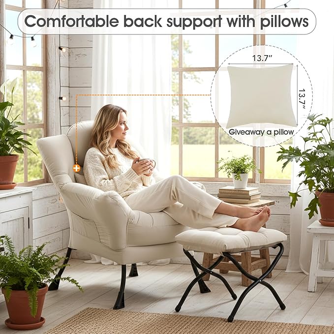Lvory Lazy Chair with Ottoman, Large Velvet Lounge Accent Chair with a Throw Pillow, Comfy Leisure Sofa Chair for Living Room Bedroom Dorm Room Office Apartment Reading Relaxing Use