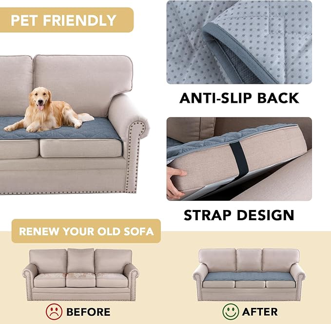 H.VERSAILTEX Couch Cover Chenille Pet Fuzzy Sofa Covers for 3 Cushion Couch Anti Slip Washable Sofa Slipcovers with Strap Soft Couch Protector Cover for Dogs Cats Kids(27.6" x 82", Stone Blue)