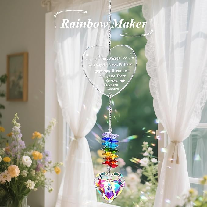 Suncatcher Gifts for Sister, Crystal Suncatcher Gift for Sister Birthday, Personalized Crystal Heart Ornaments Hanging for Windows, to My Sisters' Present Unique Gifts for Sisters