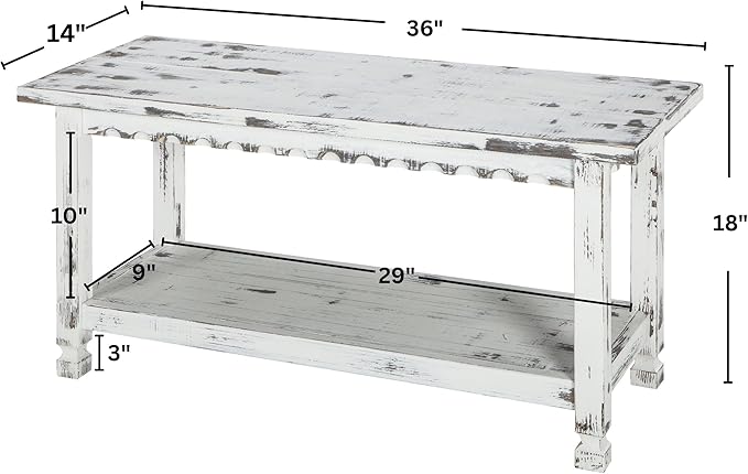 Country Cottage 36-Inch Farmhouse Entryway Bench with Storage Shelf – Solid Pine Wood Bench in Distressed White for Hallway, Bedroom, or Mudroom by Alaterre Furniture