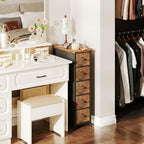 COTUBLR Narrow Dresser, 19" Wide Narrow Nightstand Dresser Storage Tower with 5 Drawers, Slim Fabric Dressers Chest of Drawers for Small Spaces, Wood Top & Fabric Bins for Bedroom Bathroom Closet