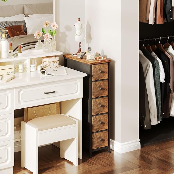 COTUBLR Narrow Dresser, 19" Wide Narrow Nightstand Dresser Storage Tower with 5 Drawers, Slim Fabric Dressers Chest of Drawers for Small Spaces, Wood Top & Fabric Bins for Bedroom Bathroom Closet