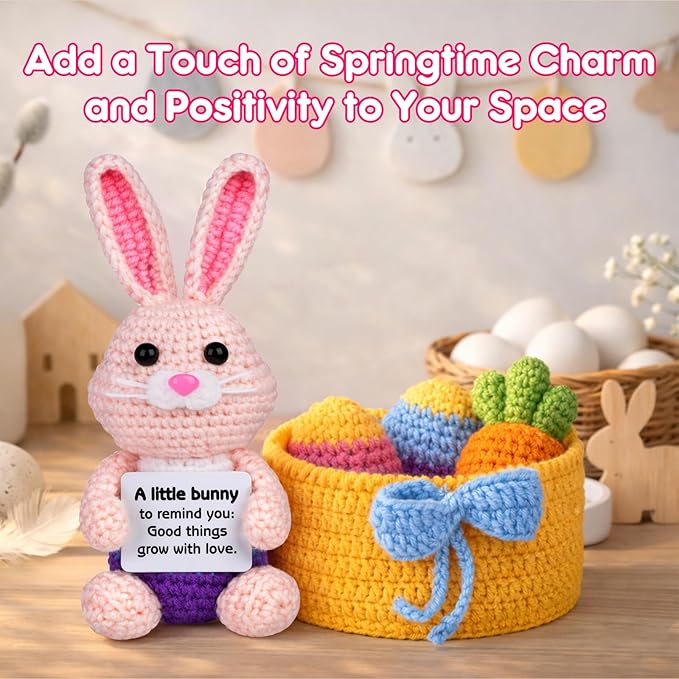 5 Pcs Finished Easter Positive Crochet Animals for Teen Girls & Adults Women, Handmade Filled Easter Basket with Crochet Bunny, Carrot, 2 Eggs, Easter Decoration Gifts Prefilled with Animal Stuffers