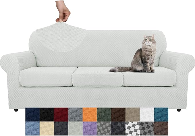 YEMYHOM Latest Checkered 4 Pieces Couch Covers for 3 Cushion Couch High Stretch Thickened Sofa Cover for Dogs Pets Elastic Slipcovers Living Room Furniture Protector (Ivory), 71"-91"(3 Cushions)