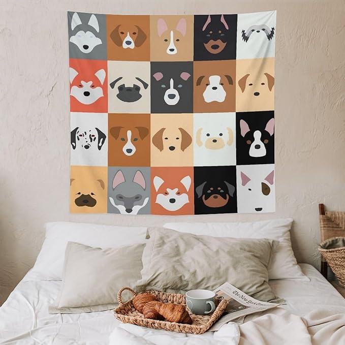 VUMIVI Dog Tapestry Funny Cartoon Pet Patterns Colorful Illustrations Square Animals Tapestry Wall Hanging for Living Room Bedroom Dorm Classroom Aesthetic Decor W60xL60in