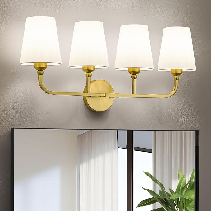 Kvhilw Bathroom Vanity Light, Brushed Gold Bathroom Light Fixtures, 4-Light Lighting Fixtures Over Miror, Modern Wall Sconce with Flared White Fabric Shade, E26 Socket(ETL Listed)
