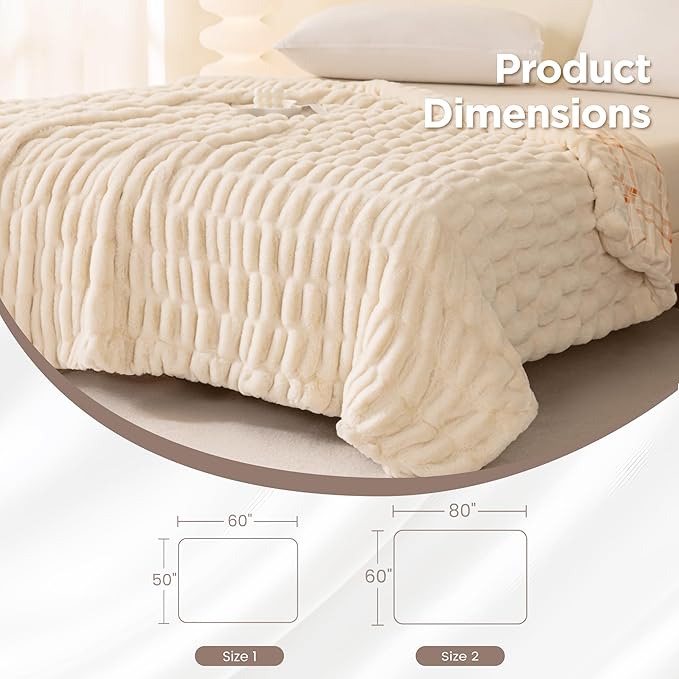Sophia & William Ruched Faux Fur Throw Blanket Bed Blanket - Luxury Lightweight Plush Fuzzy Cozy Soft Blankets, Cream, 60" x 80"