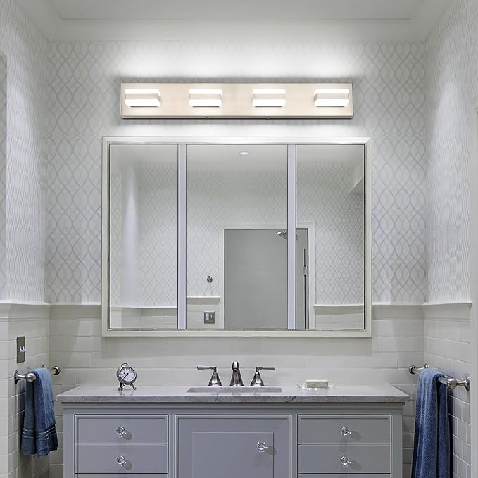 SOLFART Bathroom Vanity Lights Brushed Nickel Light Fixtures for Bathroom Above Mirror 4 Light Led Lights Bath Lighting Fixture Nickel