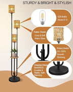 Lightdot Dimmable Boho Floor Lamps for Living Room, 3-Lights Rattan Floor Lamp with Shelves, 3000K Farmhouse Floor Lamp, Rustic Black Standing Lamp with Bulbs Included/Sofa Beside/Corner Decor
