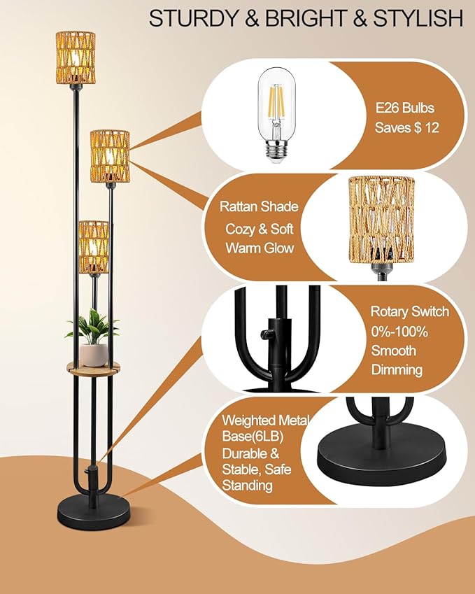 Lightdot Dimmable Boho Floor Lamps for Living Room, 3-Lights Rattan Floor Lamp with Shelves, 3000K Farmhouse Floor Lamp, Rustic Black Standing Lamp with Bulbs Included/Sofa Beside/Corner Decor
