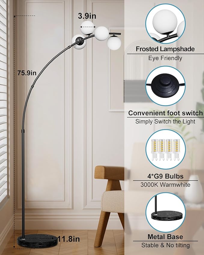 Lightdot Black Arc Floor Lamp for Living Room, 4 Globe Floor Lamp with Shatterproof Shade& Mable Base, Mid Century Modern Tall Standing Lamp for Bedroom/Sofa Beside/Corner Decor(Bulbs Included)