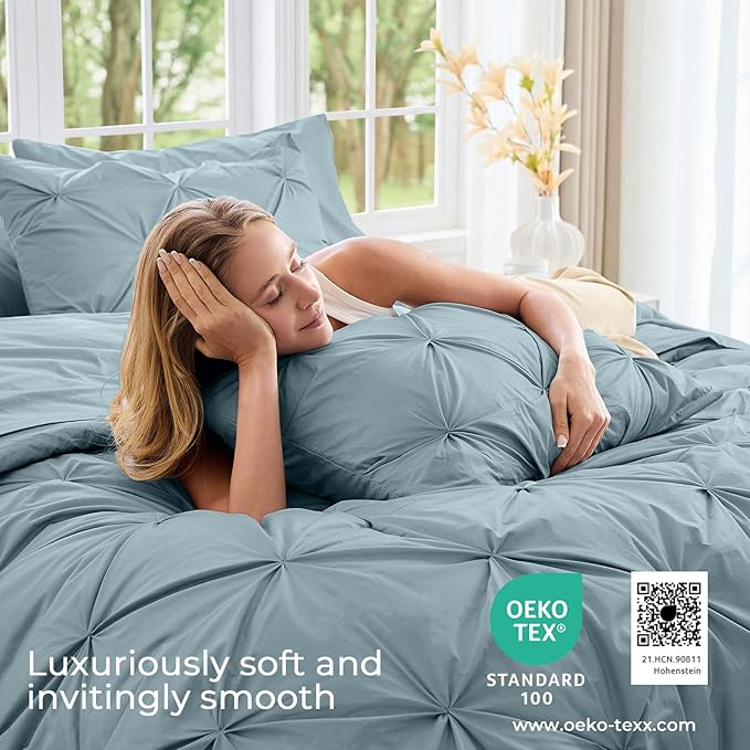 Sasttie Twin Comforter Set, 5-Piece Bed in a Bag, Pintuck Bedding Sets for All Season, Includes Comforter, Flat Sheet, Fitted Sheet, Pillowcase and Pillowsham, Greylish Blue