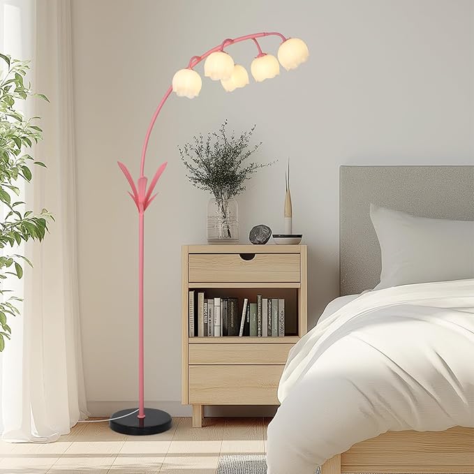 HMVPL Pink Flower Floor Lamp for Living Room, Floral Arched Floor Lamp with 5 G9 LED Bulbs, Foot Switch, Curved Standing Lamp with Acrylic Shade, Cute Tall Lamp for Living Room Bedroom Girls Nursery