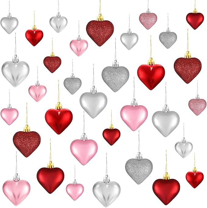 Skylety 30 Pieces Valentine's Day Heart Ornaments, Heart Shaped Decorations Tree Hanging Baubles for Valentine Wedding Anniversary, 3 Styles 2 Size (Multi-Color)