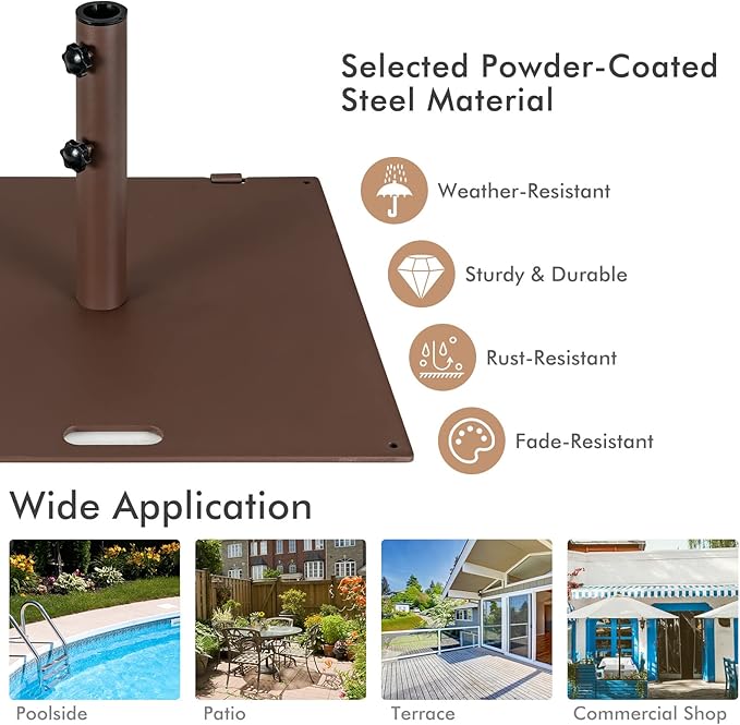 HAPPYGRILL 50 LBS Patio Umbrella Base, 24” Outdoor Square Market Umbrella Base Umbrella Holder with 1.6”/1.9” Adapters, 2 Tightening Knobs, 2 Built-in Wheels, Carry Handle