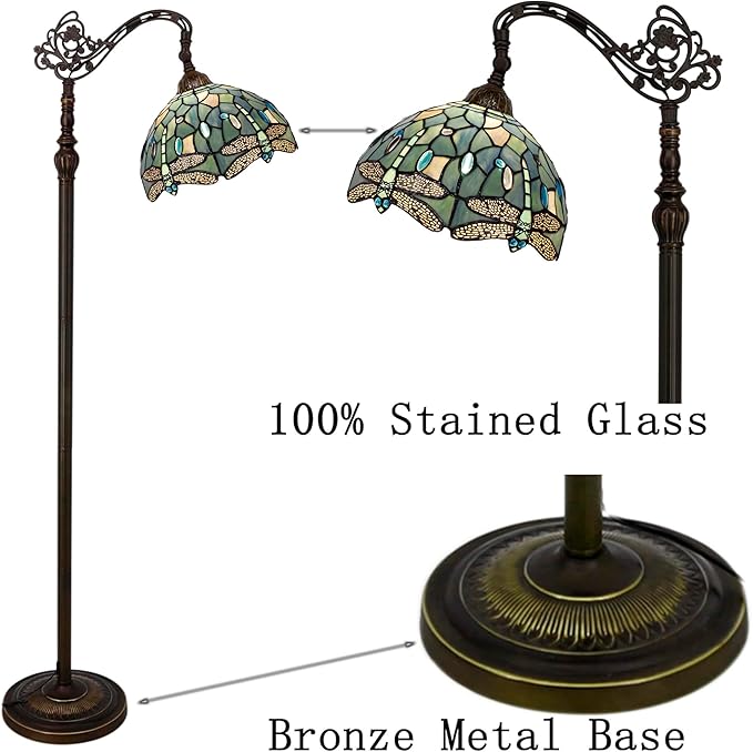 Tiffany Floor Lamp Sea Blue Stained Glass Dragonfly Style 12X12X67 Inch Angle Adjustable Arched Gooseneck Antique Reading Light