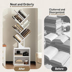 Tree Bookshelf, 6 Tier Bookcase with 2 Storage Racks, Free Standing Wooden Bookcase, Floor Standing Book Shelf Organizer for Living Room, Bedroom, Study, Home Office, White