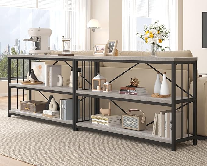 IBF 47" Gray 3 Tier Low Bookcase,Industrial Modern Short Horizontal Etagere Bookshelf, Simple Wide Open Rustic Metal and Wooden Book Shelf for Bedroom Living Room Home Office Storage, Light Grey Oak