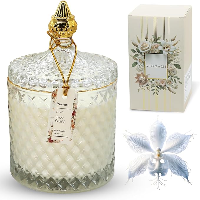 VIONAMI Luxury Scented Candle Gift – Ghost Orchid Rare Flower Fragrance in Elegant Glass Jar, Decorative Soy Candles Gifts for Women, Long-Lasting 80 Hr, 14.8 oz, Luxury Candles for Women