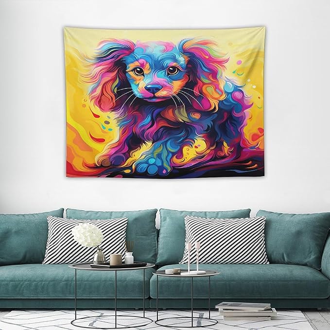 VUMIVI Colorful Cute Dog Tapestry Rainbow-Hued Oil Painting Pet-Themed Abstract Art Print Tapestry Wall Hanging for Living Room Bedroom Dorm Classroom Aesthetic Decor W40xL30in