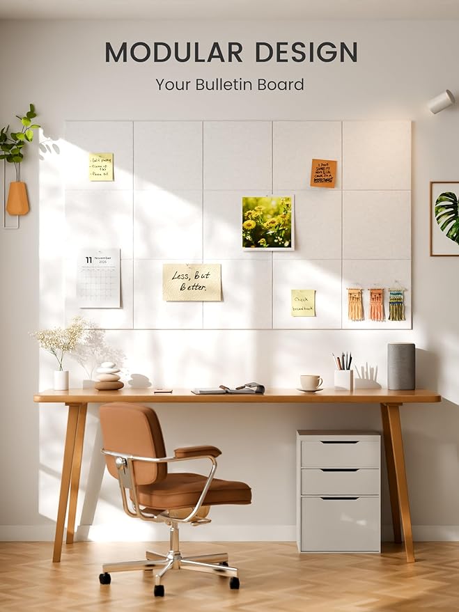 Bumusty Large Cork Board 36" x 24" Alternative - 6 Pack Felt Wall Tiles with 40 Safe Removable Adhesive Tabs, 30 Pushpins, Cork Boards for Walls Pin Board Bulletin Board Office Decor (Milky White)