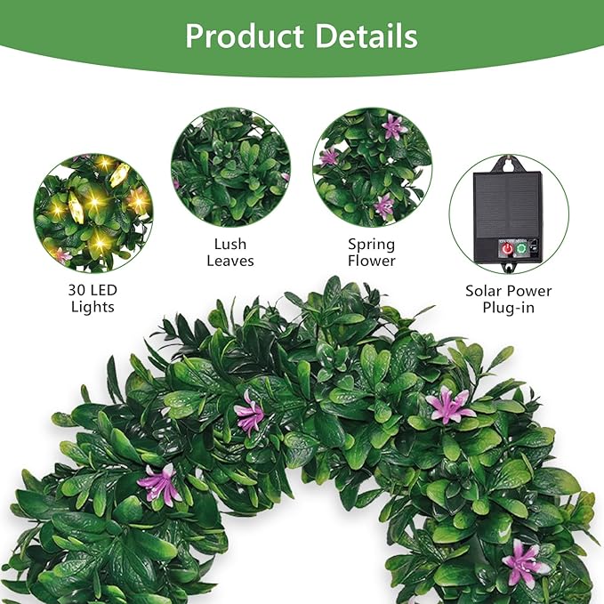 Solar Spring Wreath for Front Door Pre-lit 16inch 30LED Wreaths Spring Summer Decor for Outside Aftificial Purple Flower Wreaths Home Decorations Wreath for Door Festival Decor