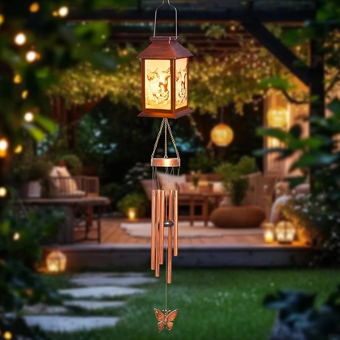 Cat Wind Chimes, Solar Cat Lights for Outside, Gifts for Cats Lovers, Birthday Gifts for Women, Mom, Ded, Grandma, Garden Lawn Yard Outdoor Decor Mobiles Wind Chime, Cats Themed Gift