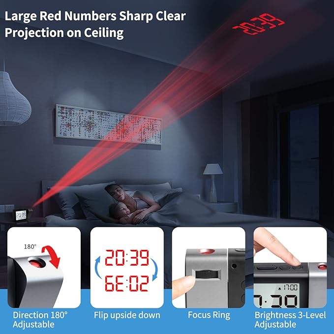 Projection Alarm Clock for Bedroom: Digital LCD Clock with Temperature Date Snooze 12/24H and Weekend Mode, Easy Set Dimmer Clock with 2-Levels Volume, Mains and Battery Operated