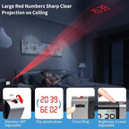 Projection Alarm Clock for Bedroom: Digital LCD Clock with Temperature Date Snooze 12/24H and Weekend Mode, Easy Set Dimmer Clock with 2-Levels Volume, Mains and Battery Operated
