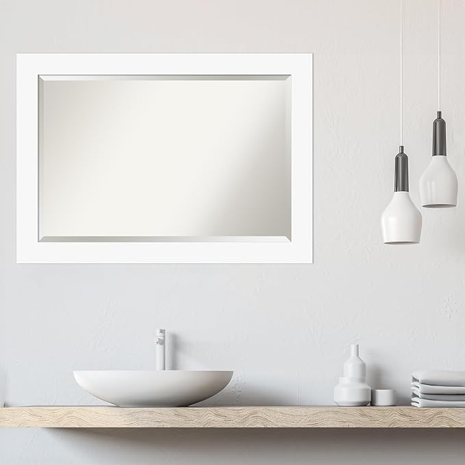 Amanti Art White Wall Mirror 29x41 Basic White Rectangle Bathroom Mirror for Wall Decor Living Room, Large Casual Wood Frame, Hangs Horizonally and Vertically, Bathroom Decor, Beveled Edge