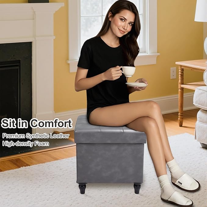 GLAXYFUR Storage Ottoman Bench, 15 Inches Foldable Ottoman Foot Stool with Legs, PU Leather Footrest for Living Room, Bedroom, Dorm (Grey)