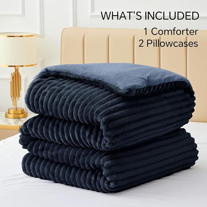 BEDELITE Fleece Full Comforter Set -Super Soft & Warm Fluffy Navy Blue Bedding, Luxury Fuzzy Heavy Bed Set for Winter with 2 Pillow Cases
