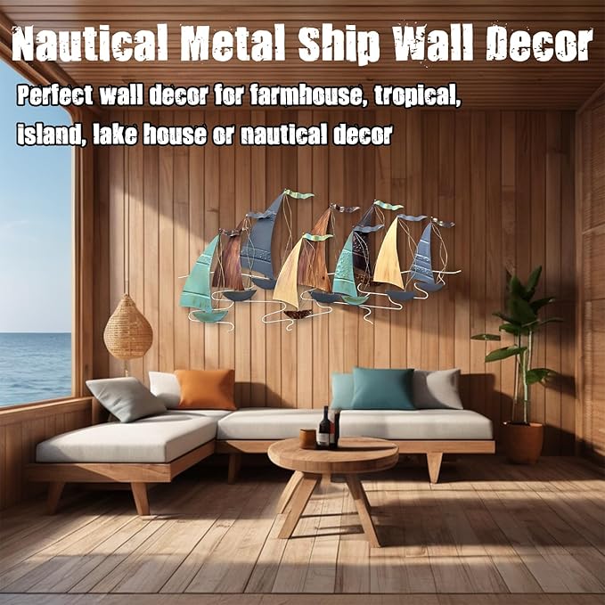 edaknez Large Metal Sailboat Wall Decor, 51" x 26" Ship Wall Art, Coastal Nautical Boat Wall Art Decor, Large Ship Wall Sculptures, for Living Room Bedroom
