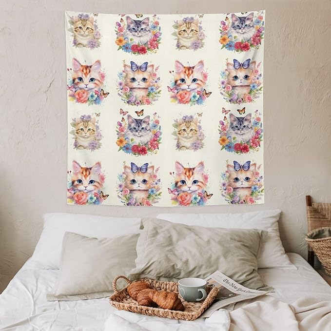 VUMIVI Watercolor Flower Cat Tapestry Colorful Cartoon Cute Animals Butterflies Abstract Art Print Tapestry Wall Hanging for Living Room Bedroom Dorm Classroom Aesthetic Decor W60xL60in