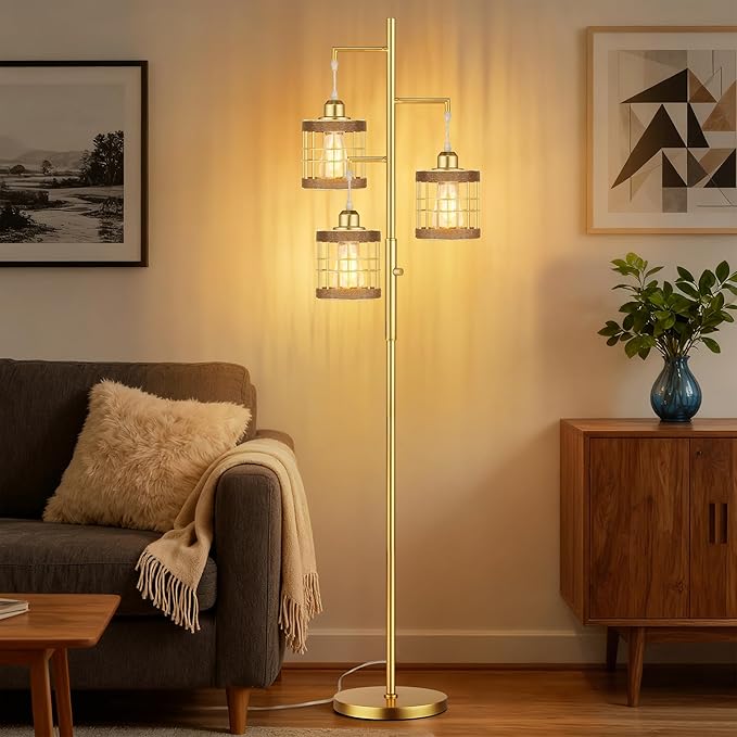 QiMH Industrial Floor Lamps for Living Room, Tree Standing Lamp with Stepless Dimmable, 68" Tall Lamps for Bedroom Study, 3 LED Bulbs Included, Gold