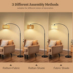 Arc Floor Lamp for Living Room, Rattan Boho Floor Lamp with Remote Control, Black Standing Lamp with 3 Color Temperatures & Dimmable LED Bulb, Tall Lamp for Bedroom, Over Couch Arched Reading Light