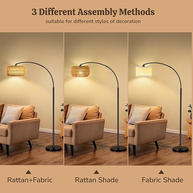 Arc Floor Lamp for Living Room, Rattan Boho Floor Lamp with Remote Control, Black Standing Lamp with 3 Color Temperatures & Dimmable LED Bulb, Tall Lamp for Bedroom, Over Couch Arched Reading Light