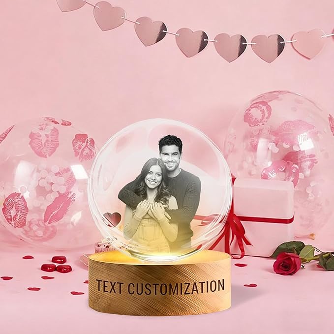 Personalized 3D Crystal Ball Night Light - Custom Photo Snow Globe Lamp for Valentine‘s Day, Anniversary, Birthday - Memorial Keepsake Gift for Couples, Family, Pets