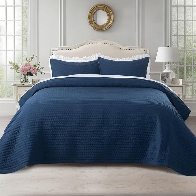 KASENTEX Queen Quilt Set 90"x90" – Soft Washed 3-Layer Lightweight Bedspread, Minimalist Nordic Design, All-Season Spring & Summer Quilt Set (1 Quilt + 2 Pillow Shams),Dress Dark Blue