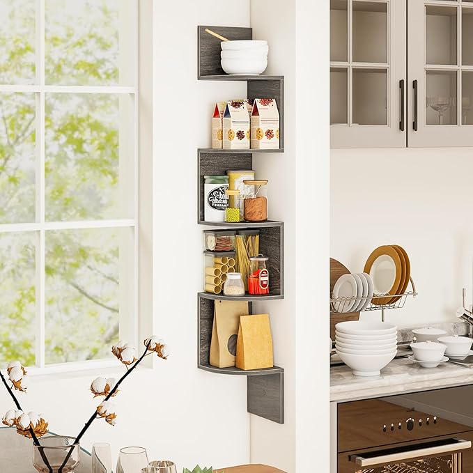 Tangkula 5-Tier Corner Shelf Wall Mount, Farmhouse Floating Corner Bookshelf, Industrial Modern Display Shelf Stand, Wooden Storage Organizer for Living Room Home Office (1, French Oak)