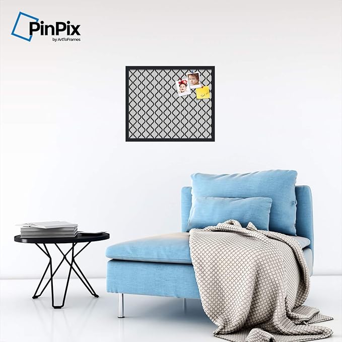 PinPix ArtToFrames 18x22 Custom Cork Bulletin Board Black and White Waves Poster Board Has a Fabric Style Canvas Finish, Framed in Satin Black (PinPix-194)